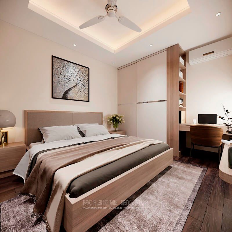 Mẫu giường ngủ hiện đại với điểm nhấn là phần đầu giường bọc nỉ màu xám ấn tượng tạo nên sự thoải mái cho người sử dụng